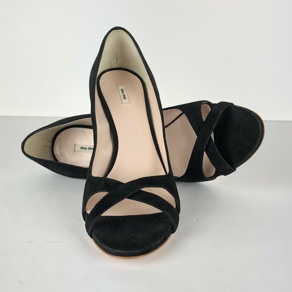 Miu Miu Cross Strap Stiletto Heel Black Suede Open Top Pump Women's Size 9/39 - Picture 6 of 11